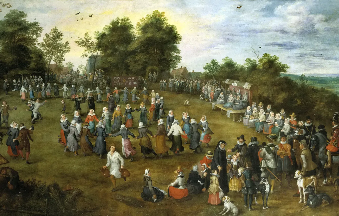 Photo wallpaper people, picture, genre, Jan Brueghel the elder, The village Dances in front of the Grand …