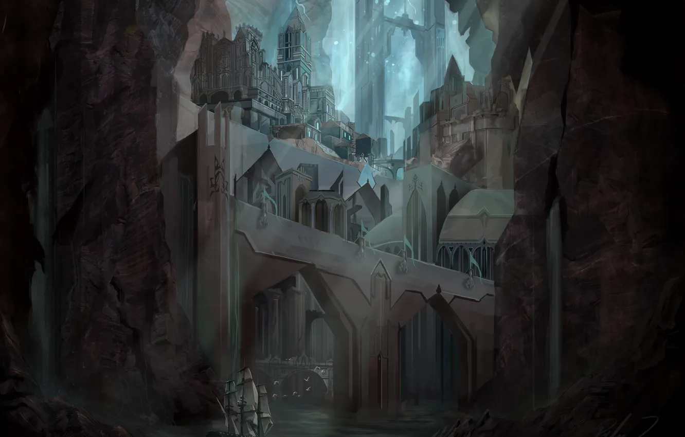 Photo wallpaper water, the city, castle, rocks, ship, art, fantasy