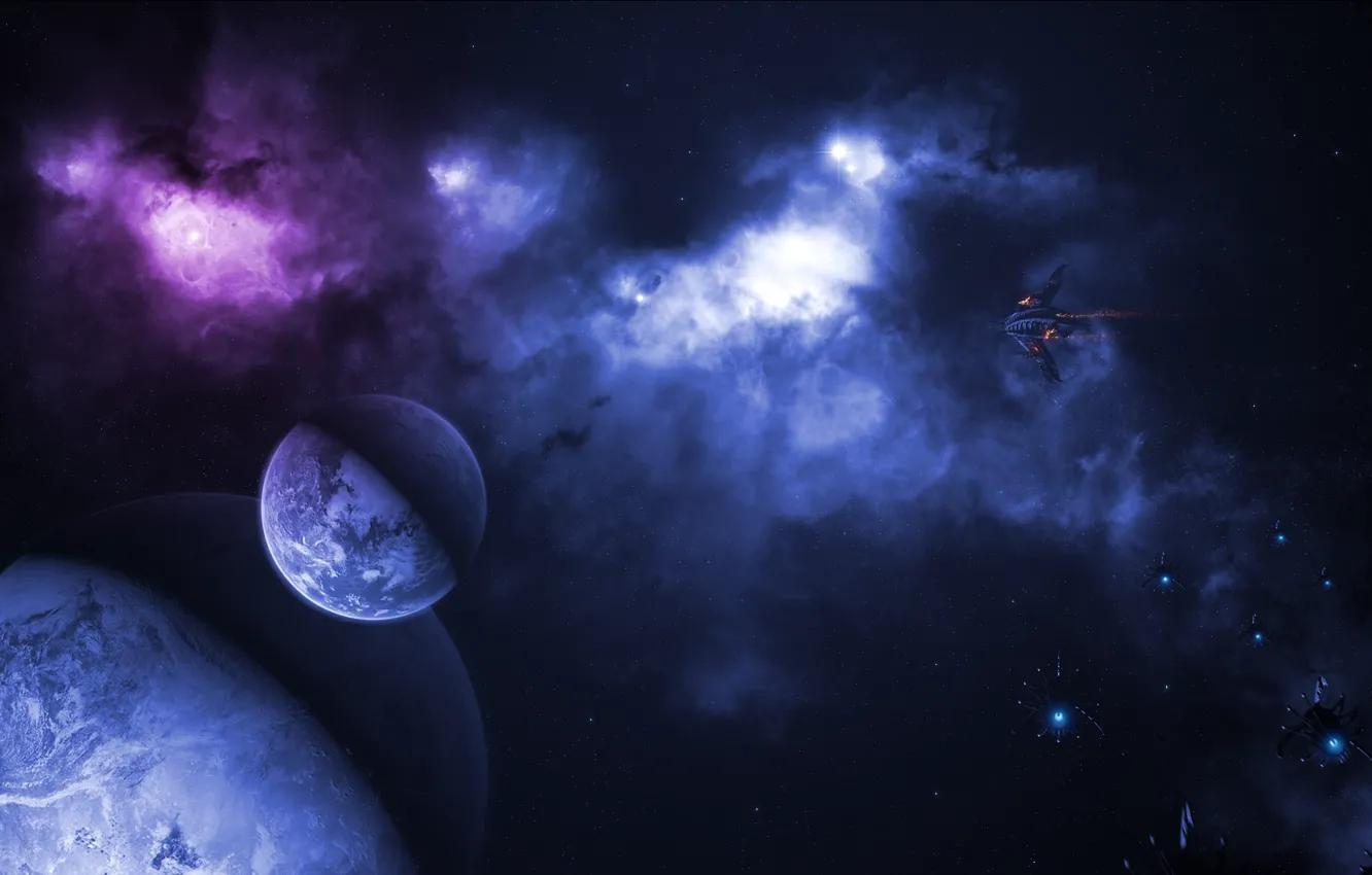 Photo wallpaper space, nebula, ship, planet, satellite, art