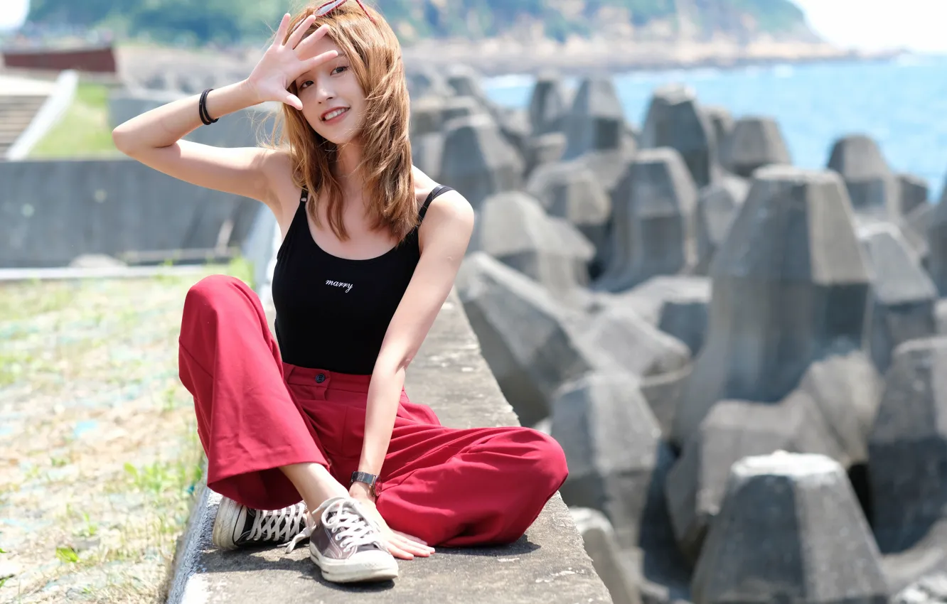 Photo wallpaper sea, smile, positive, Asian, gesture, sea, smile, asian