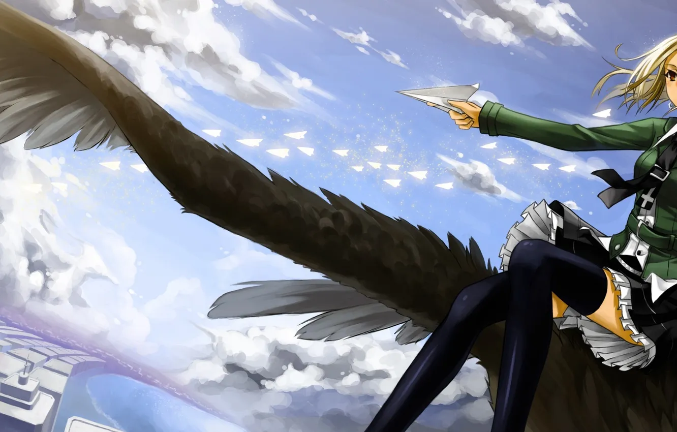 Photo wallpaper the sky, girl, clouds, flight, the city, bird, home, anime