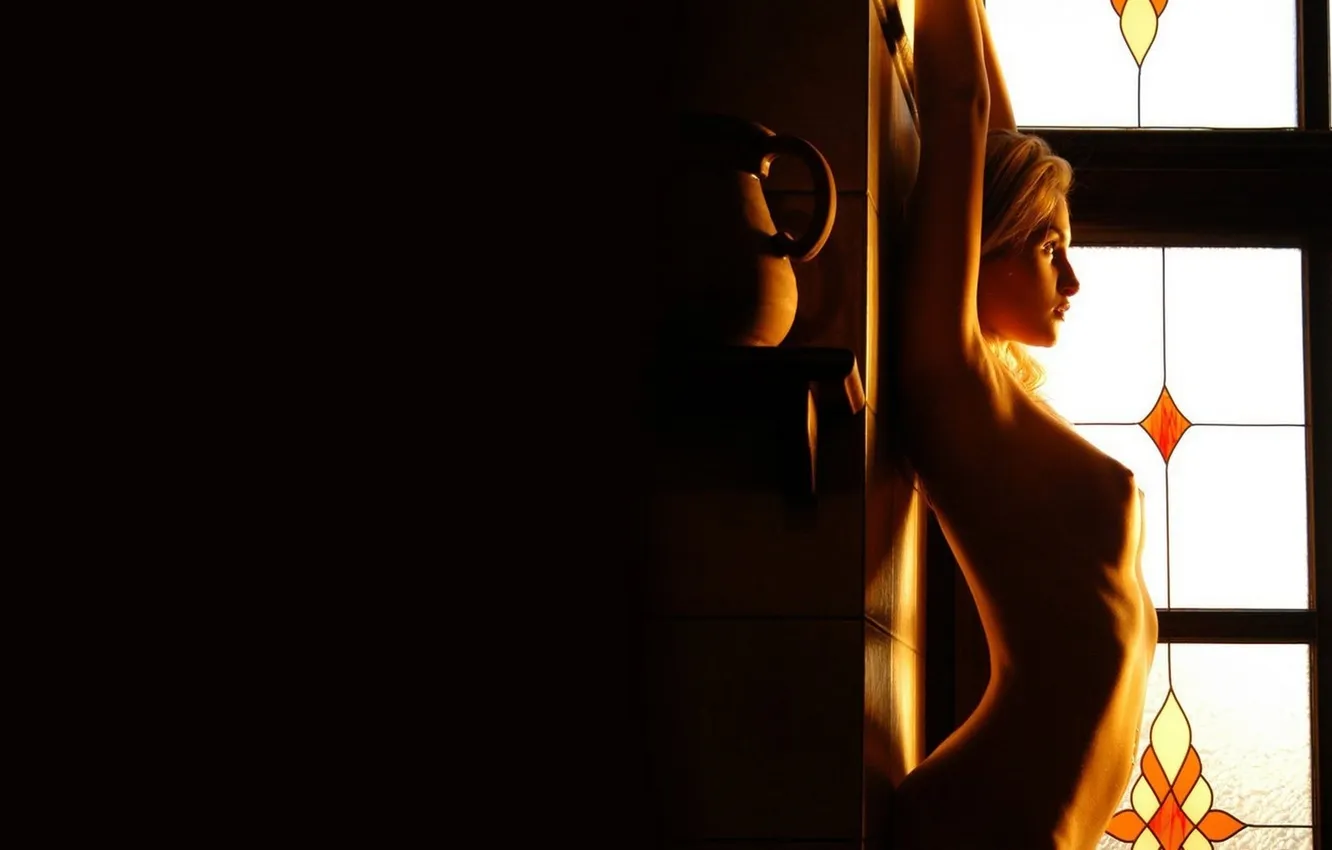 Photo wallpaper girl, pitcher, shelves