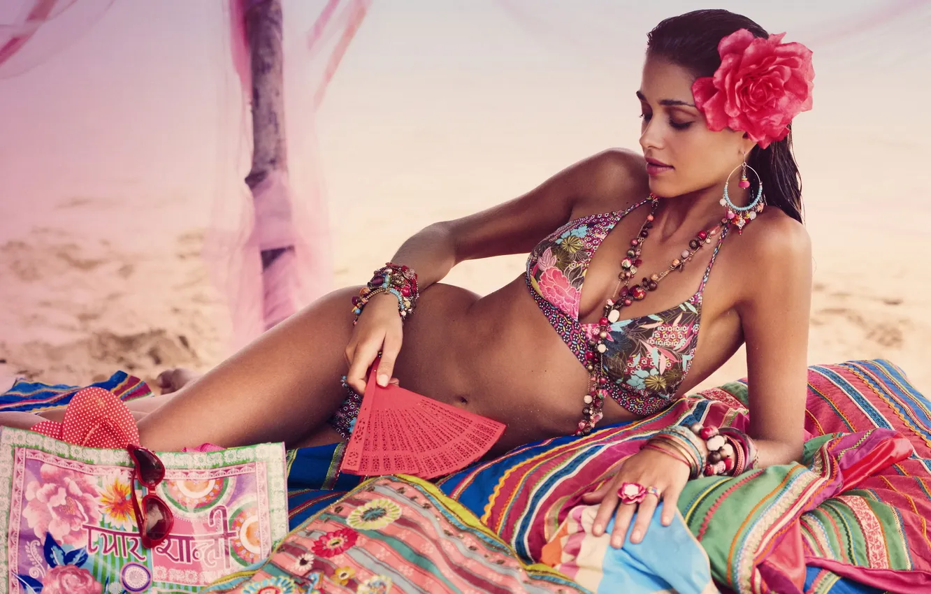 Photo wallpaper swimsuit, girl, fan, lies