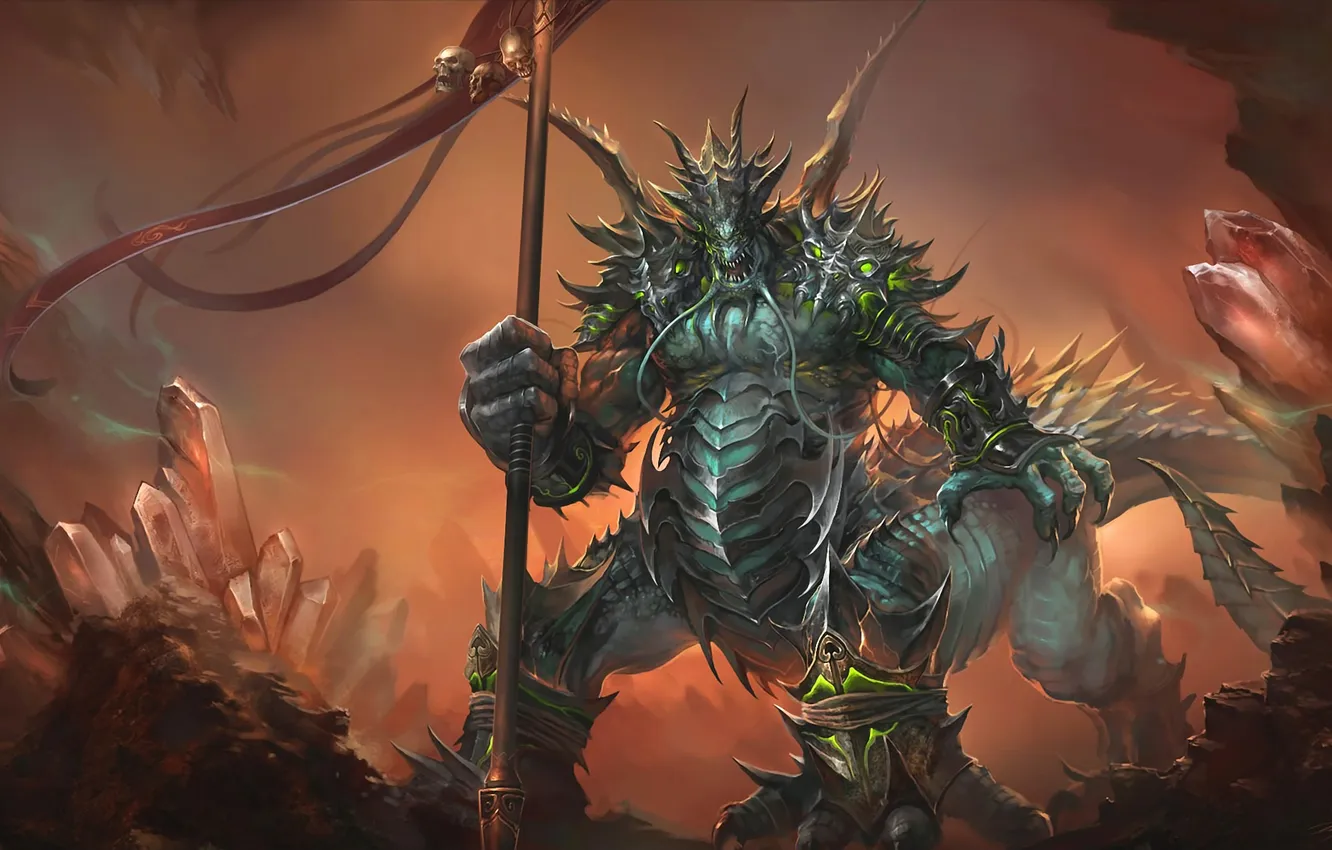 Photo wallpaper skull, monster, flag, spikes, claws, crystals