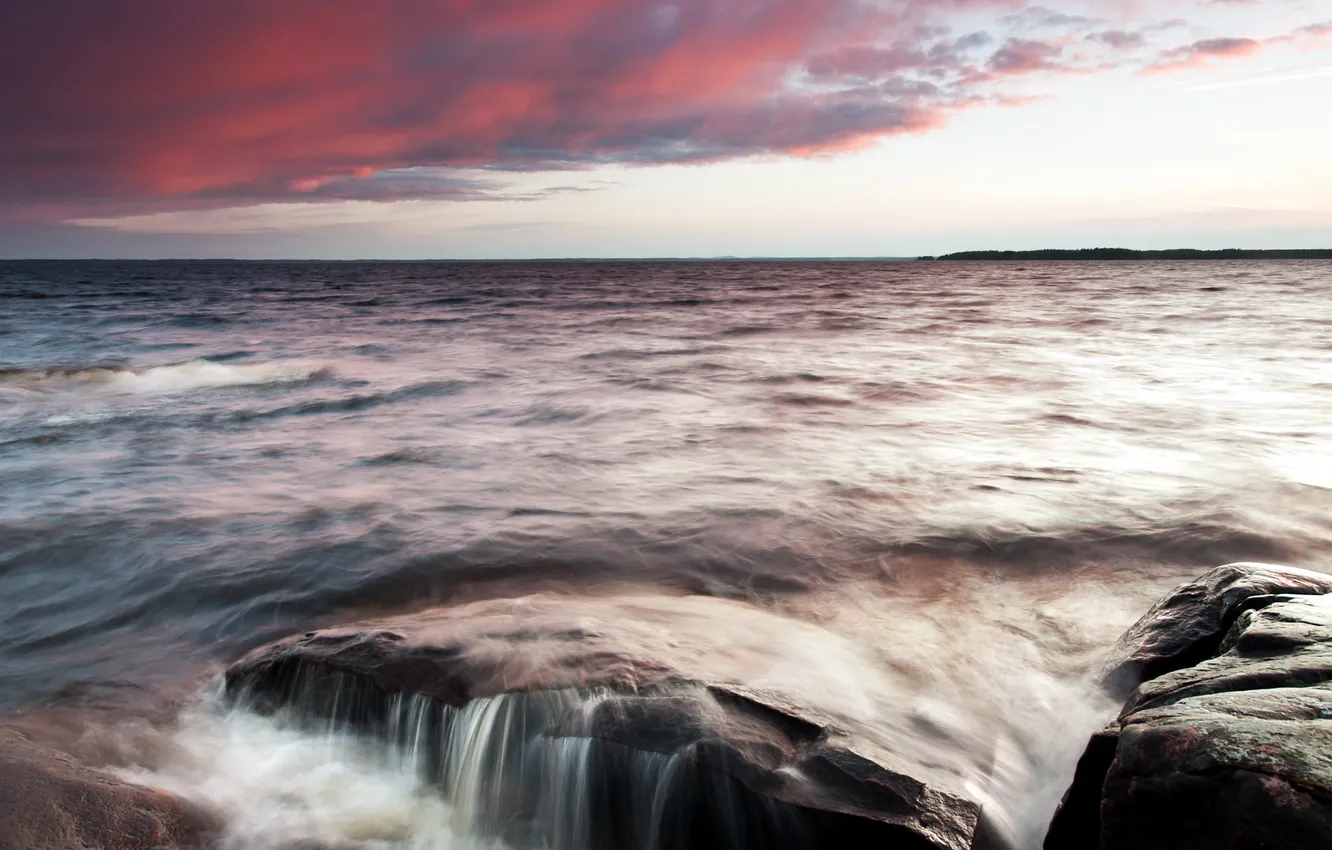 Photo wallpaper sea, landscape, sunset, stones