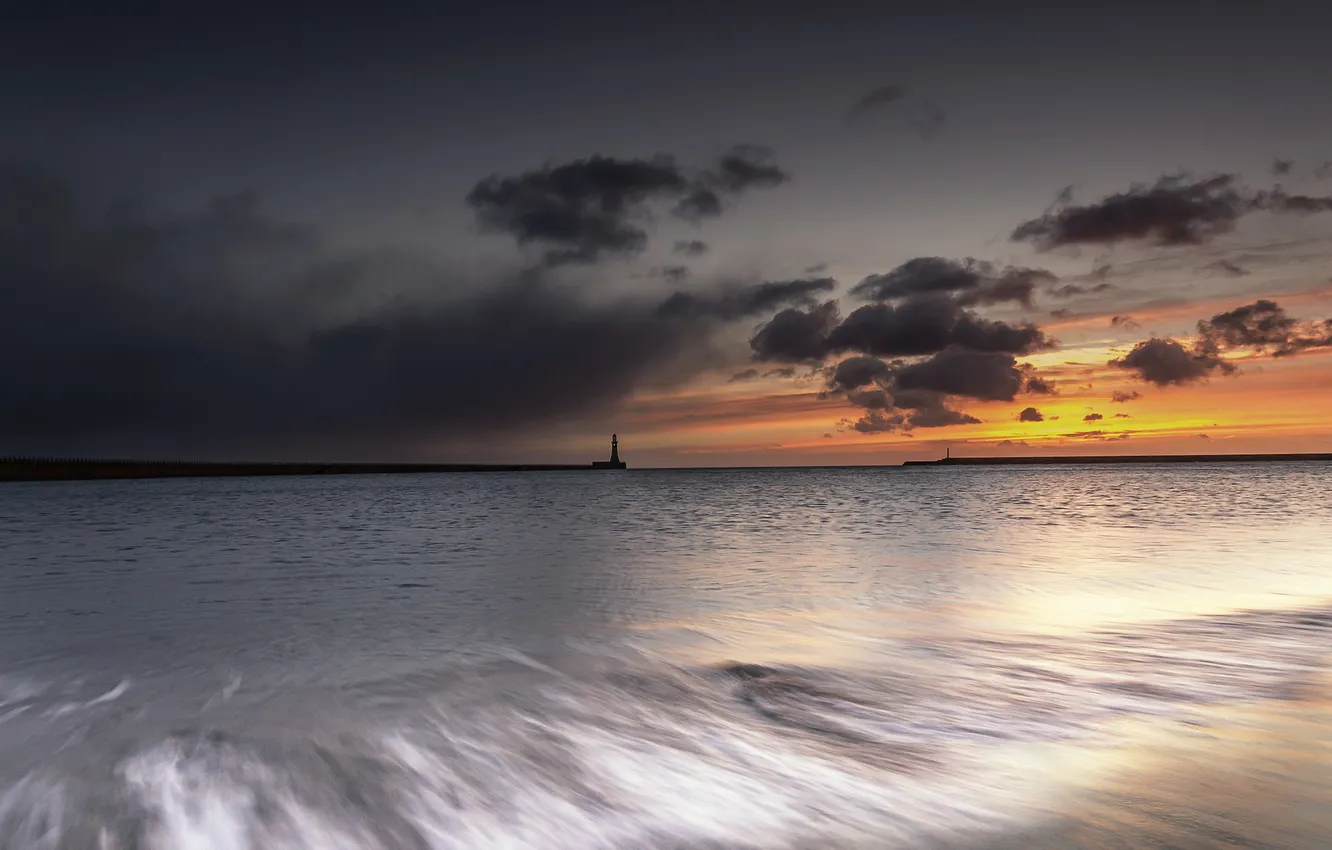 Photo wallpaper sea, landscape, sunset, lighthouse