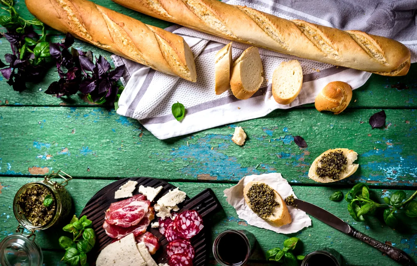 Photo wallpaper cheese, bread, meat, baguette, sausage, Basil, pesto