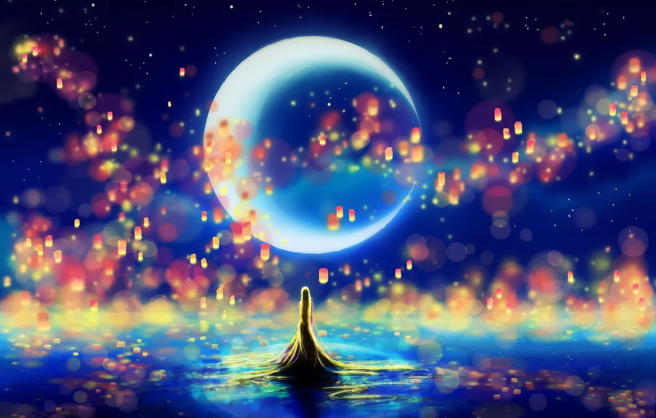 Photo wallpaper the sky, lights, the moon, silhouette, flashlight, Rapunzel, Princess, Tangled