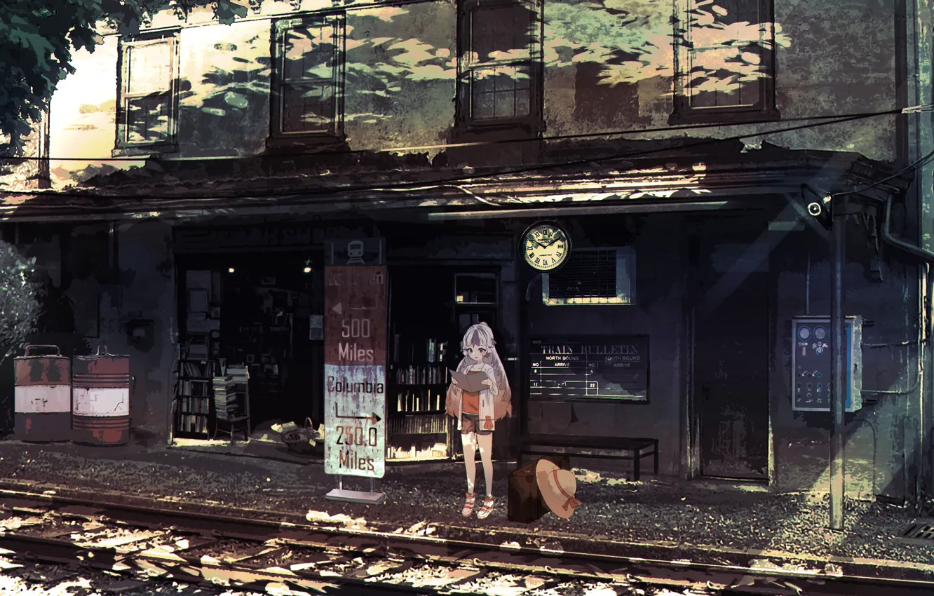 Photo wallpaper one, shorts, watch, rails, station, hat, girl, suitcase