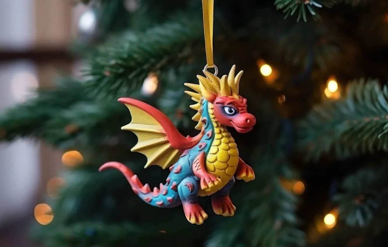 Photo wallpaper branches, dragon, toy, new year, lights, herringbone, needles, dragon