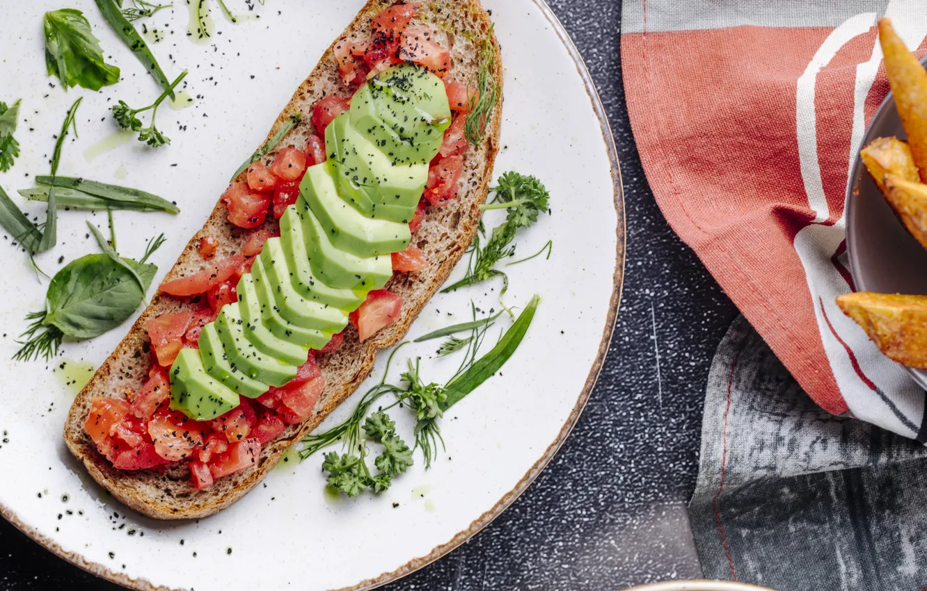 Photo wallpaper greens, food, tomatoes, tomatoes, avocado, sandwiches, seasoning