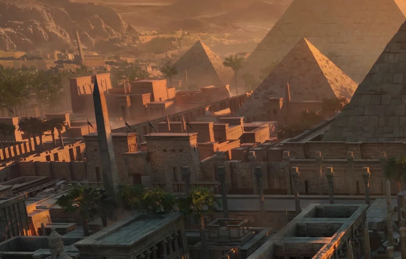 Photo wallpaper mountains, the city, palm trees, pyramid, Egypt