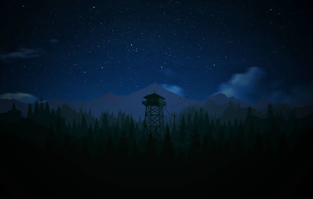 Photo wallpaper forest, mountains, night, tower, fire, Firewatch