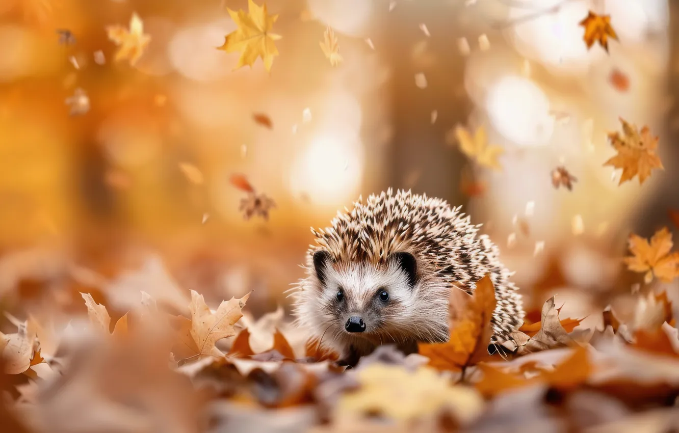 Photo wallpaper autumn, leaves, light, nature, glade, foliage, hedgehog, falling leaves