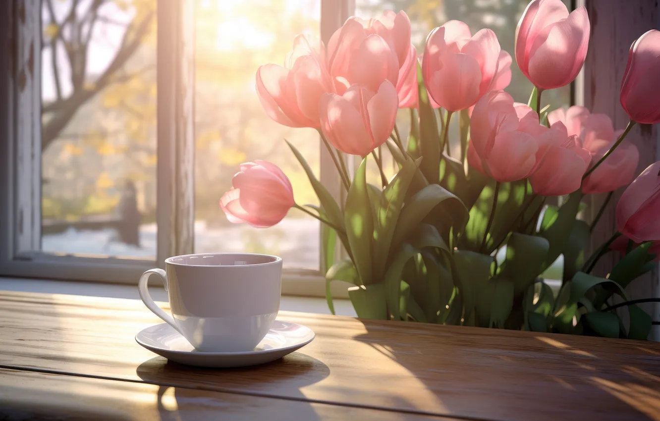 Photo wallpaper light, flowers, tea, bouquet, spring, window, mug, Cup