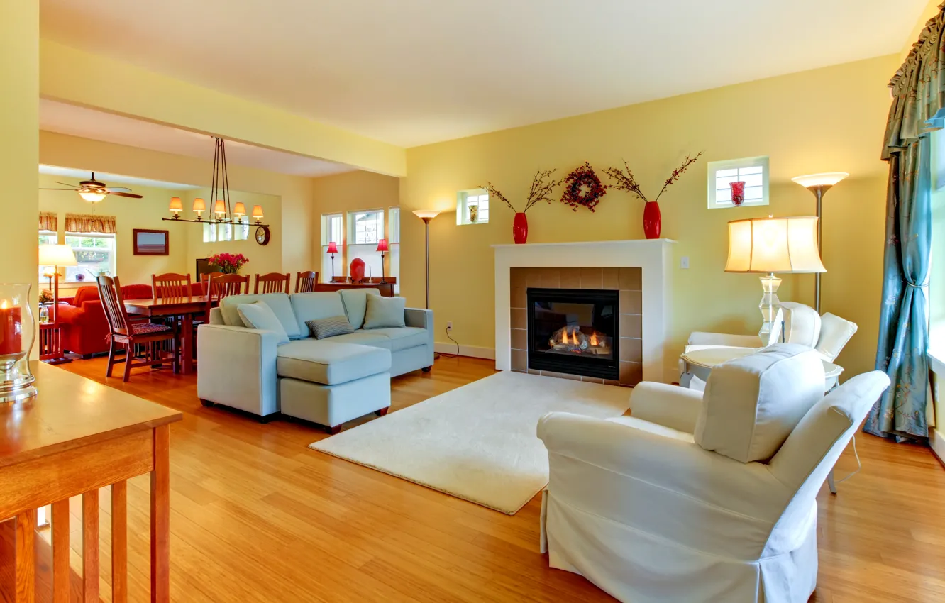 Photo wallpaper photo, Design, Chair, Sofa, Lamp, Fireplace, Interior, Living room