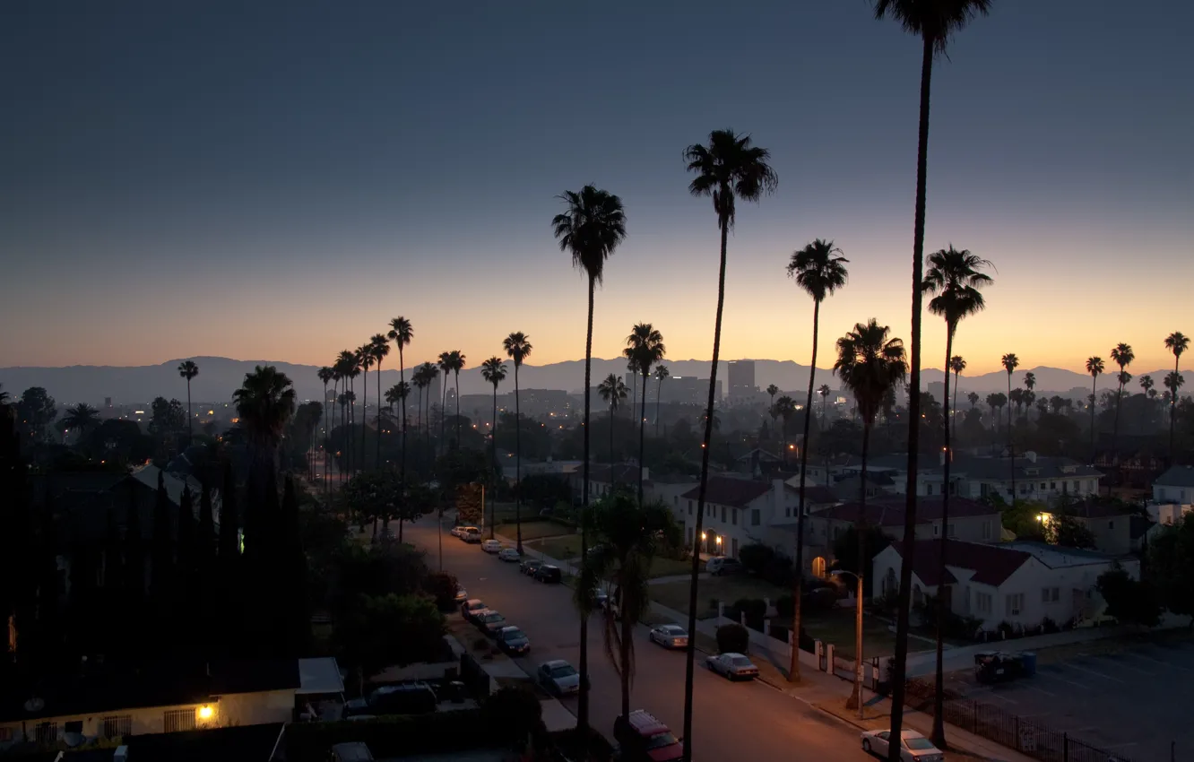 Photo wallpaper road, machine, the sky, sunset, mountains, lights, palm trees, lights
