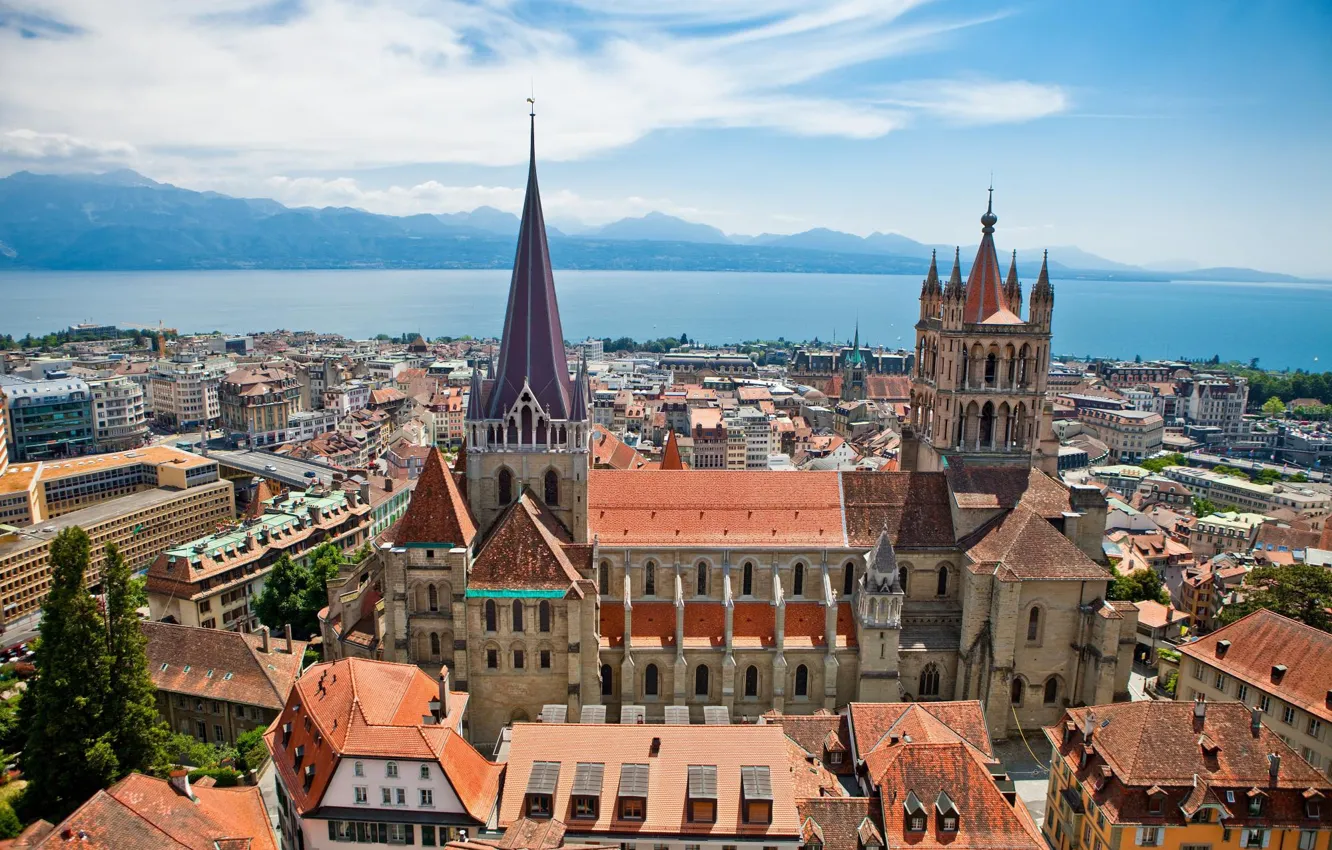 Photo wallpaper mountains, lake, home, Switzerland, panorama, Cathedral, Lausanne