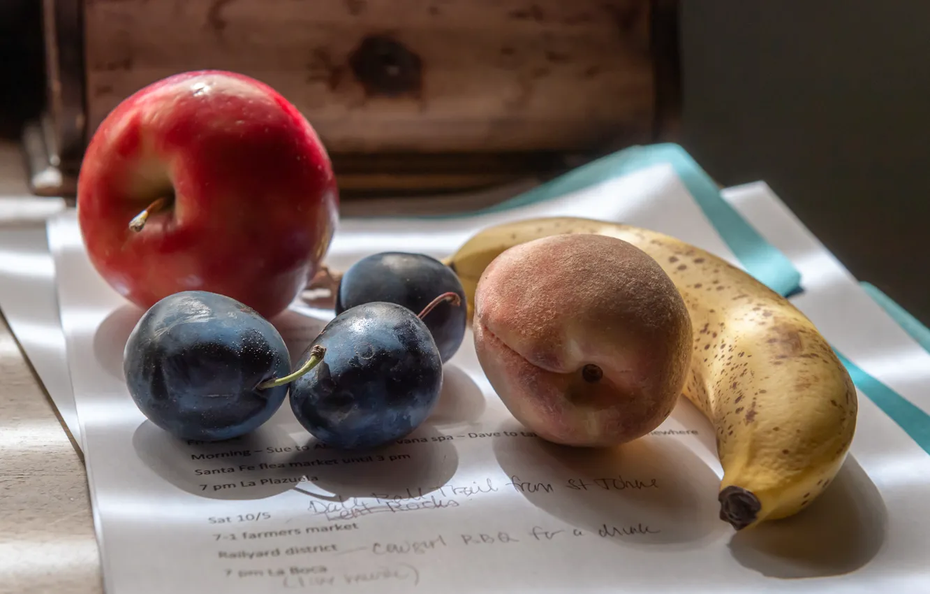 Photo wallpaper light, paper, table, red, Apple, fruit, still life, records