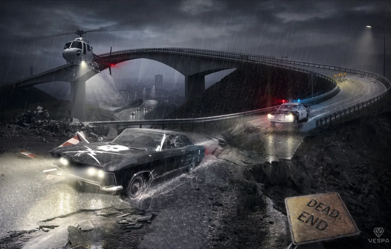 Photo wallpaper rain, police, chase, bandit