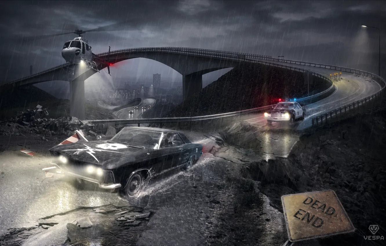Photo wallpaper rain, police, chase, the bandits