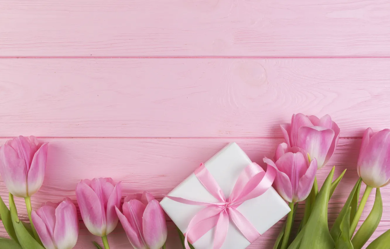 Photo wallpaper flowers, gift, bouquet, tulips, love, pink, fresh, wood