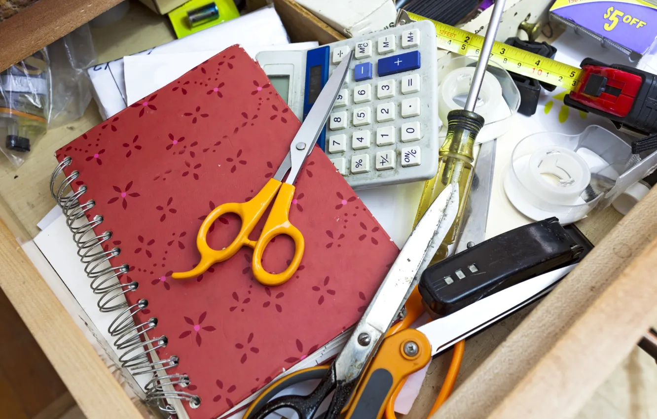 Photo wallpaper scissors, screwdriver, calculator, drawer, clutter