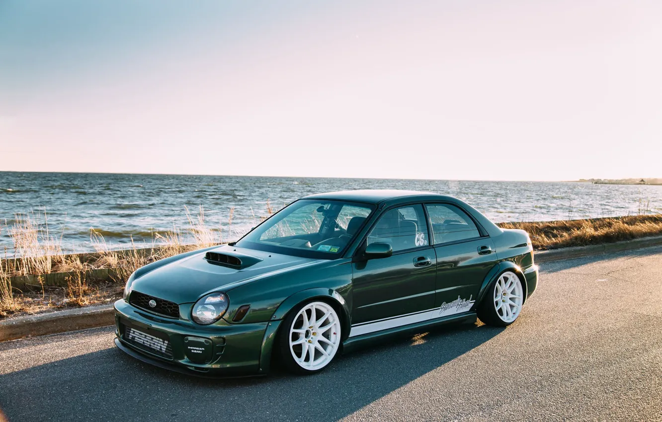 Photo wallpaper sea, tuning, view, Subaru, Impreza, WRX, Japan, white