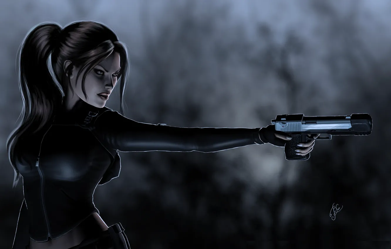 Photo wallpaper look, gun, weapons, hair, hands, art, Tomb Raider, ponytail