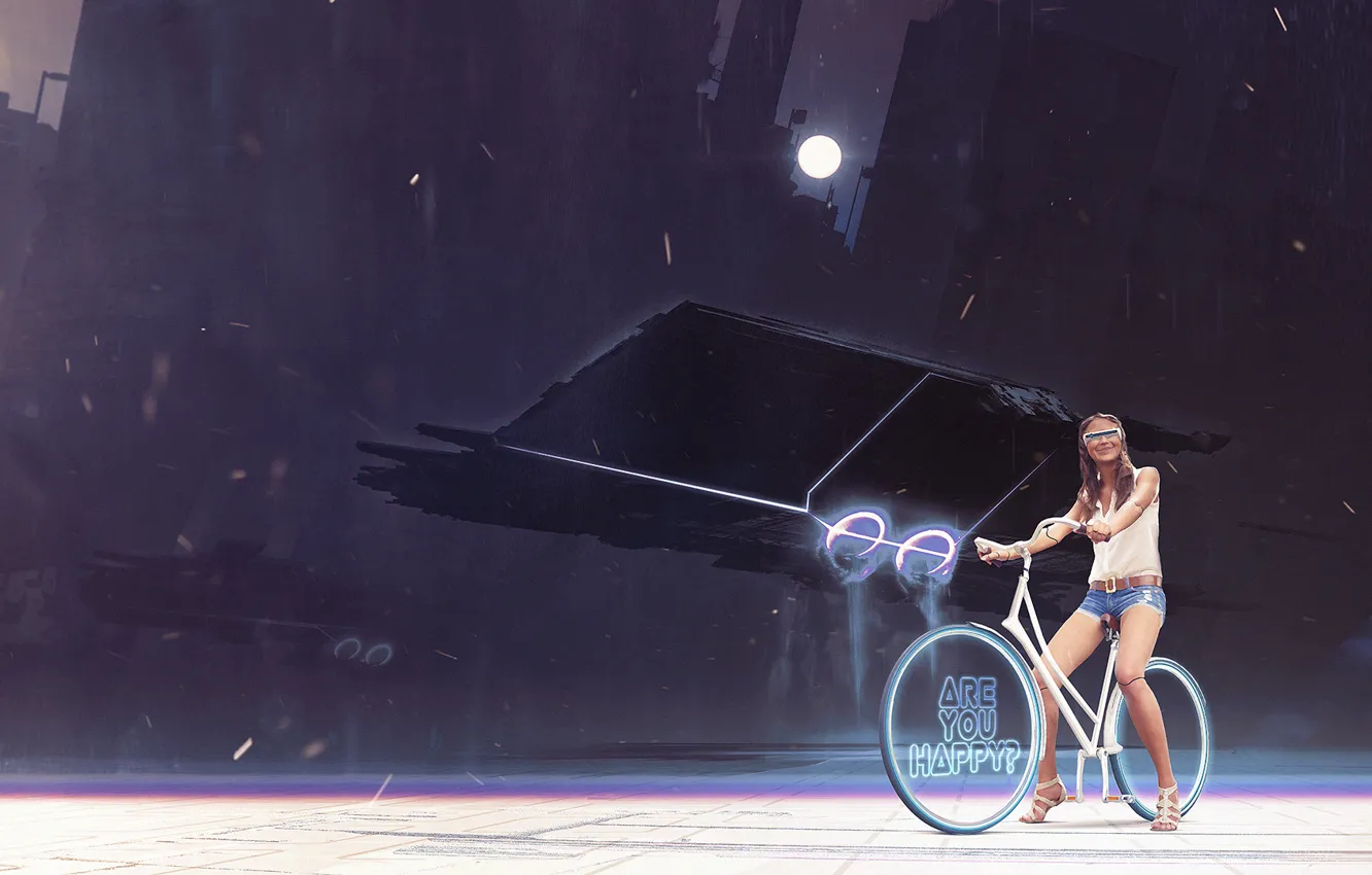 Photo wallpaper girl, bike, the moon, art, glasses, wheel, cyborg