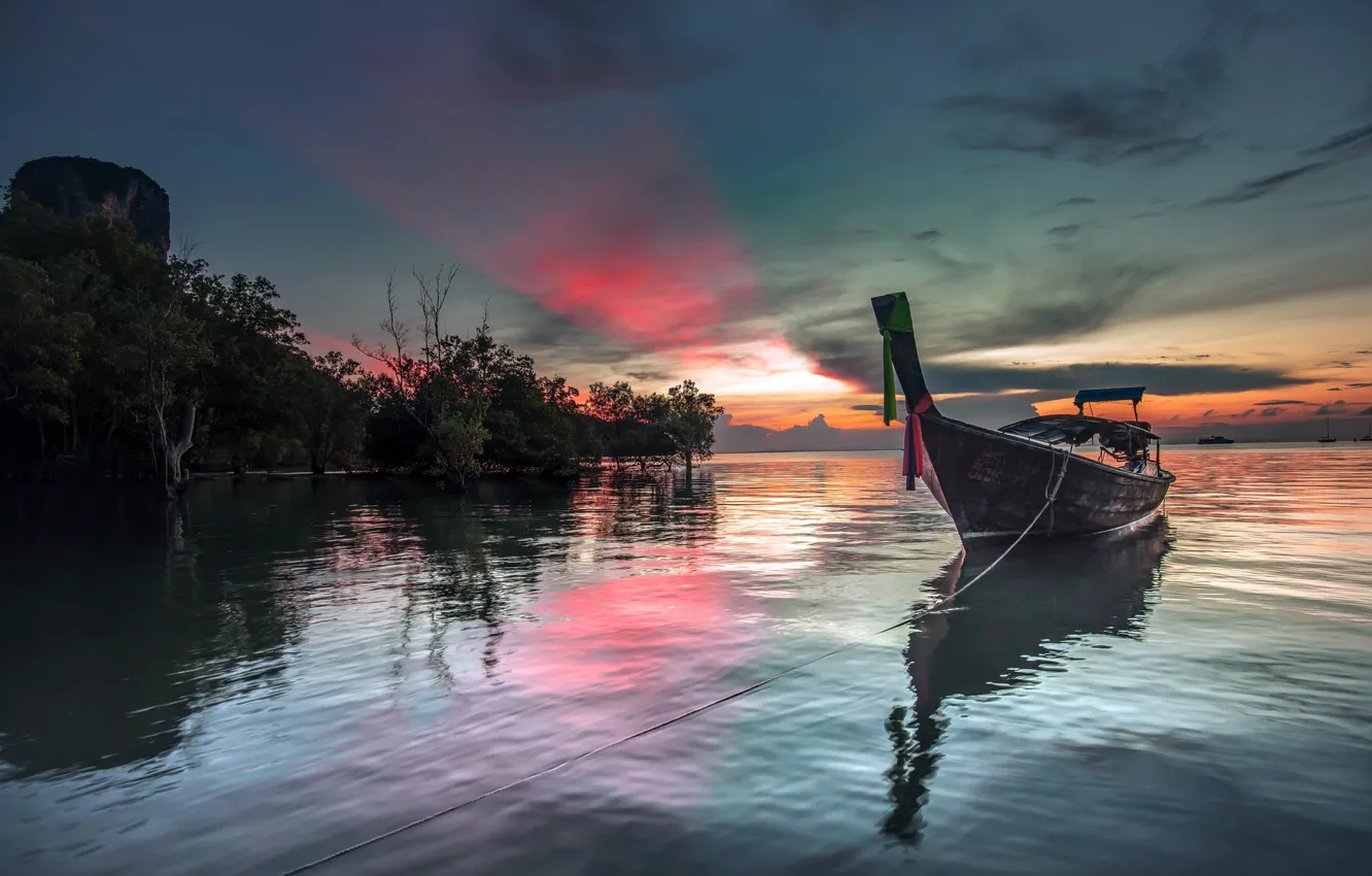 Photo wallpaper sea, sunset, boat