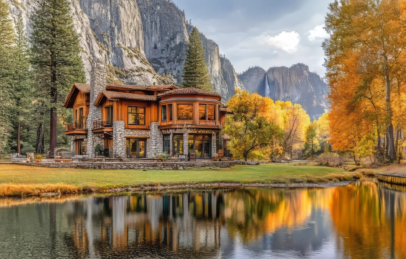 Photo wallpaper autumn, trees, mountains, pond, building, home, CA, the hotel
