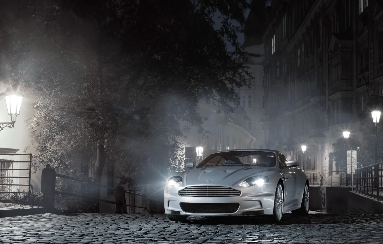 Photo wallpaper Aston Martin, Lights, Fog, Night, Lights, DB9, Bridge