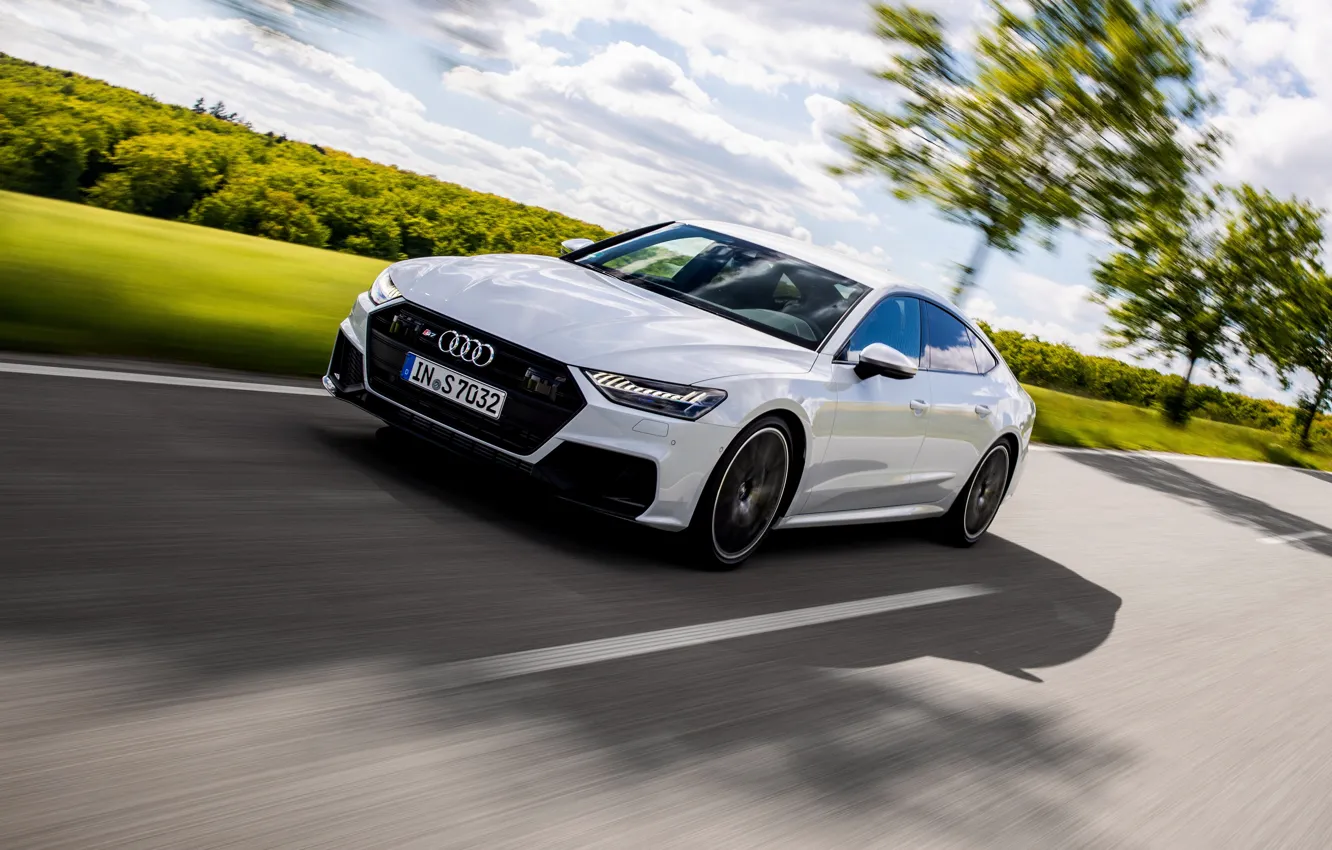 Photo wallpaper white, Audi, speed, Audi A7, 2019, S7 Sportback