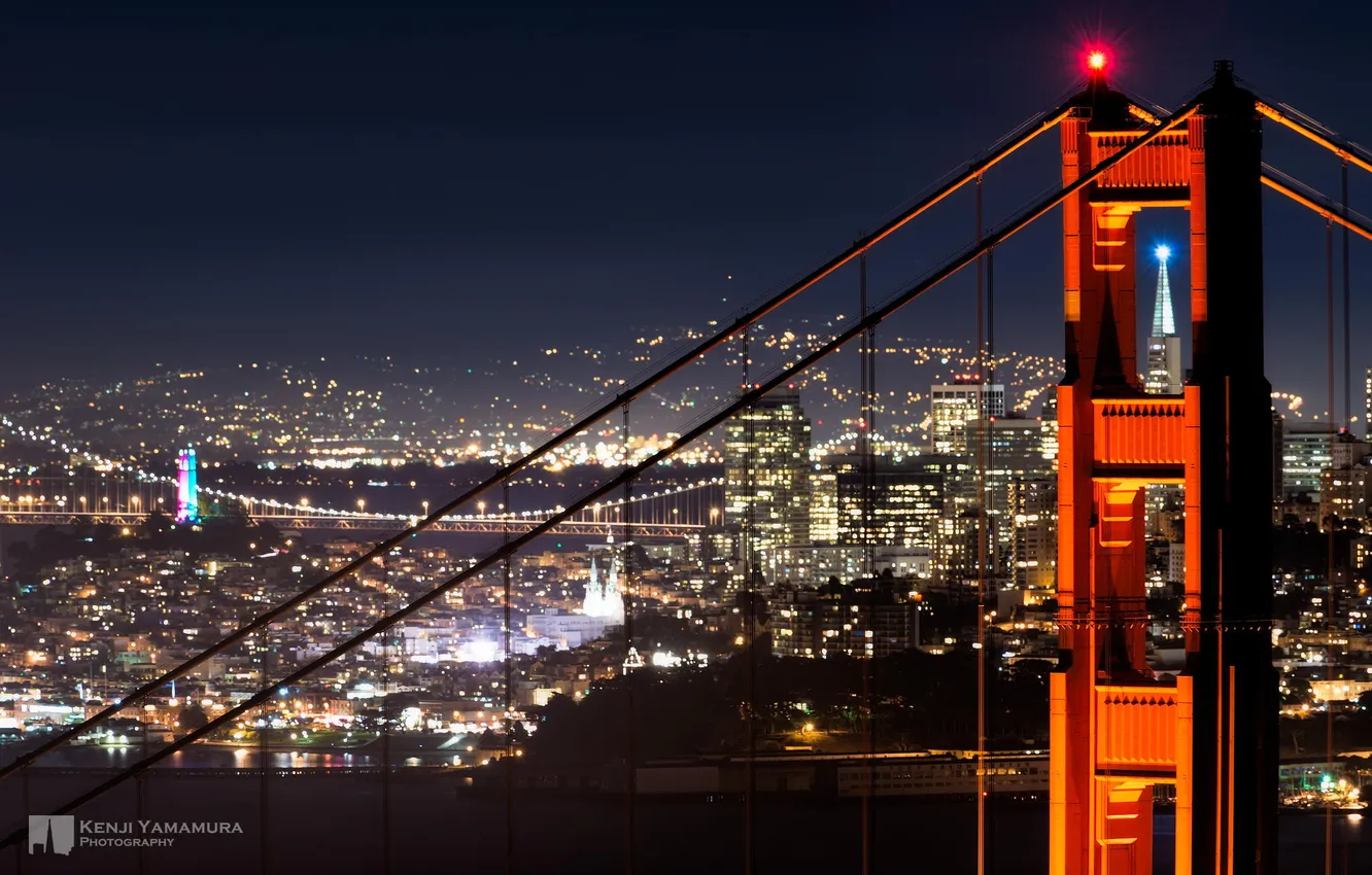 Photo wallpaper night, bridge, the city, lights, San Francisco, photographer, Kenji Yamamura