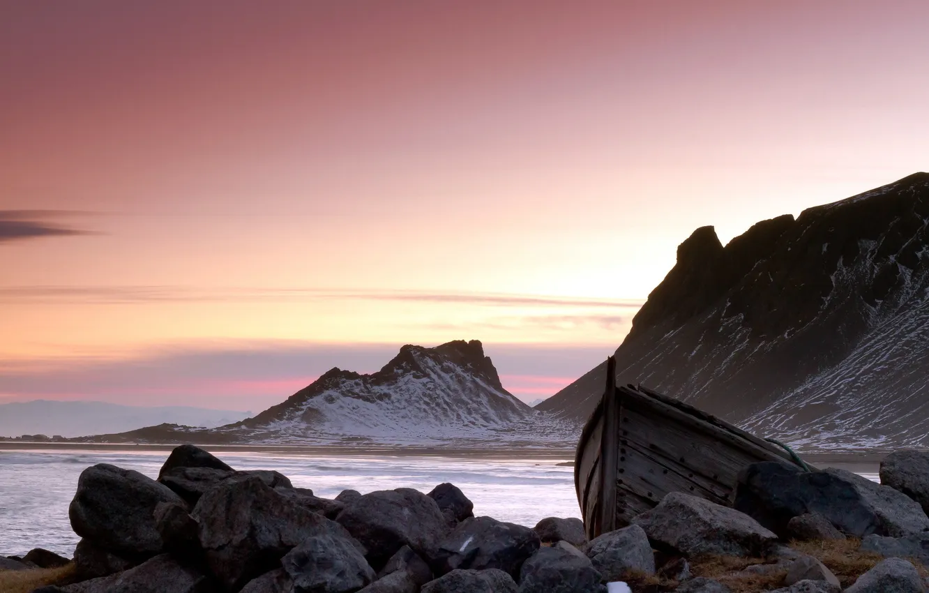 Photo wallpaper sea, mountains, boat