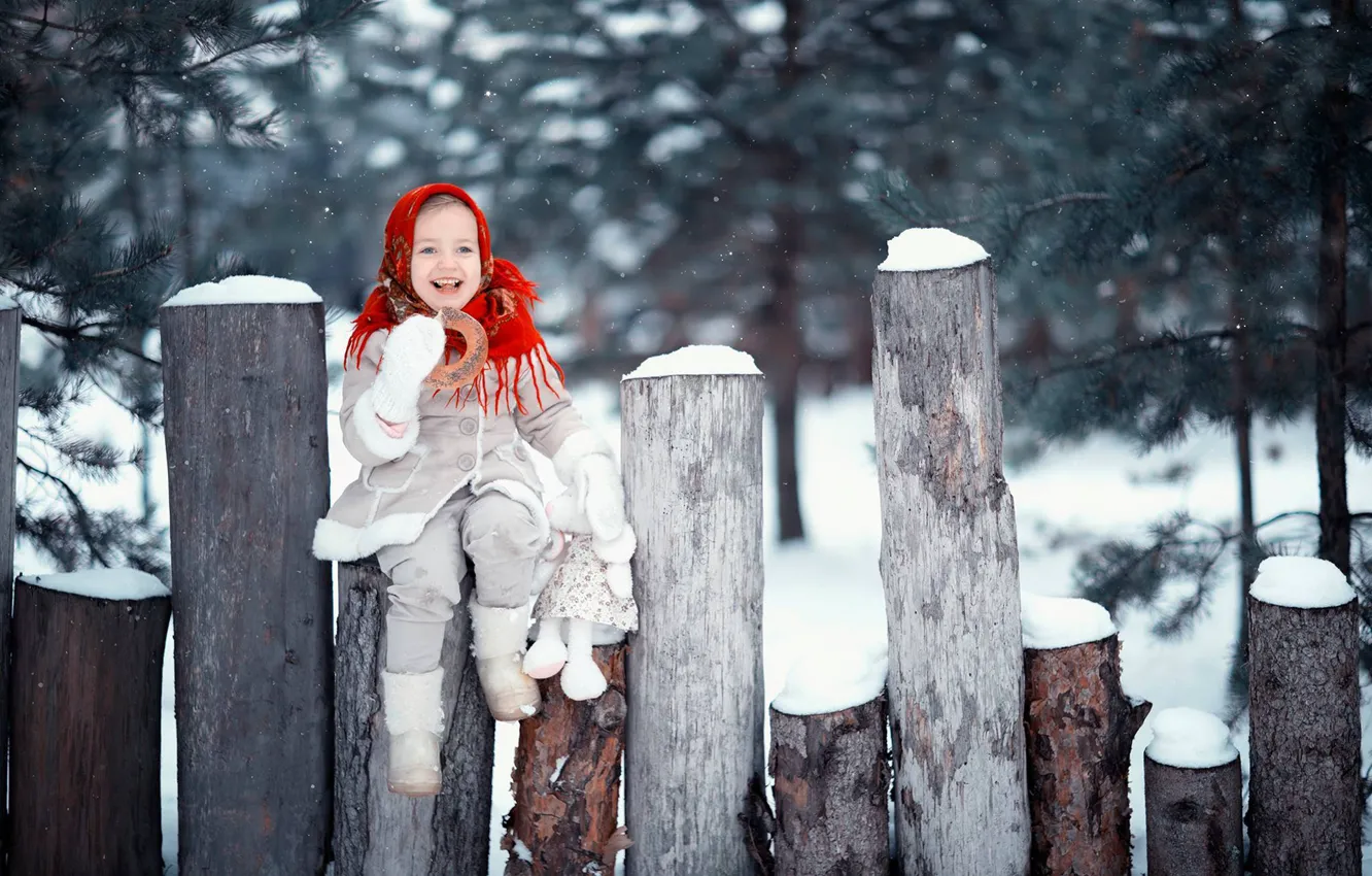 Photo wallpaper winter, snow, joy, smile, mood, toy, girl, logs