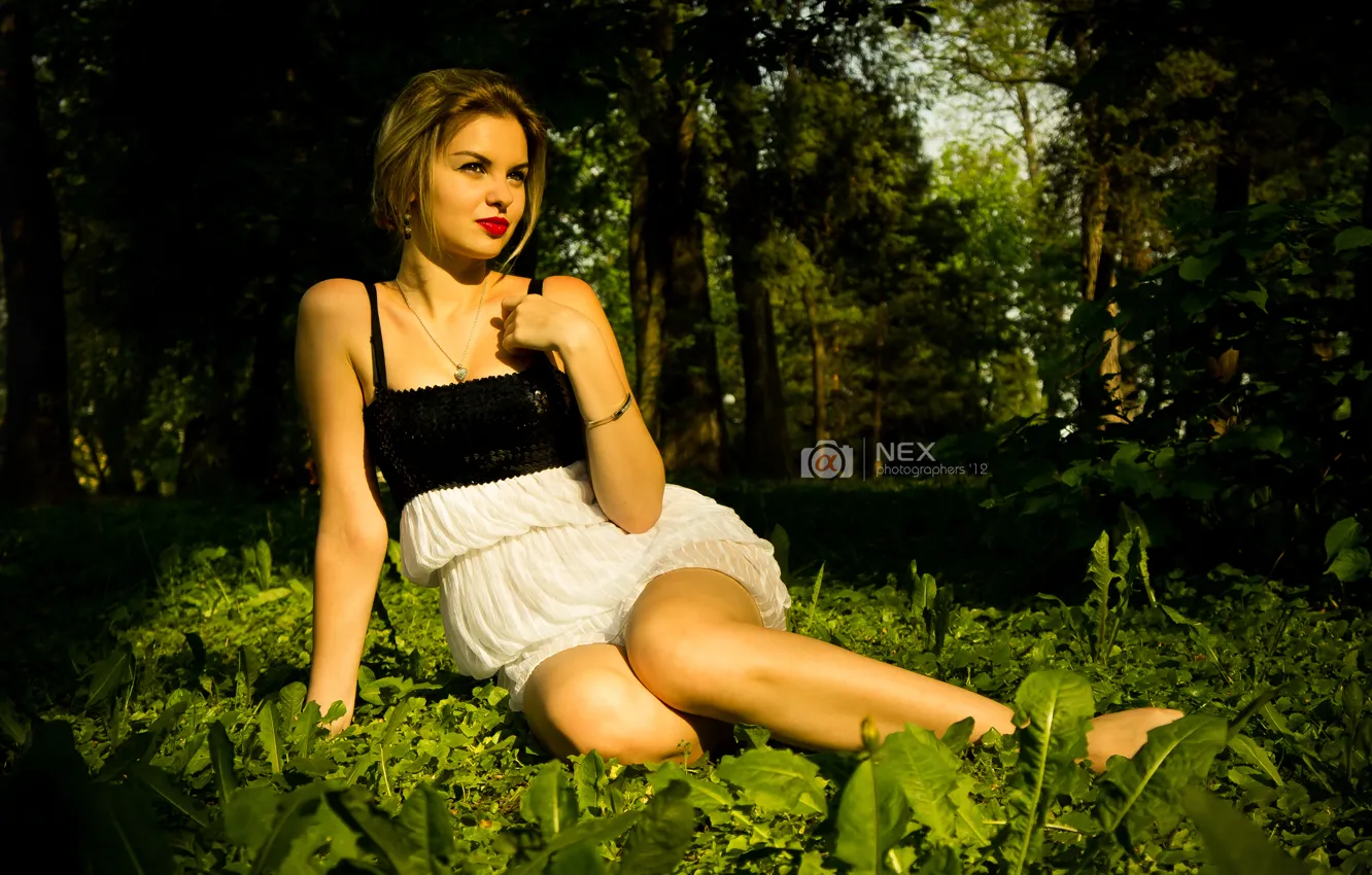 Photo wallpaper greens, forest, girl, nature, dress, beautiful, red lips