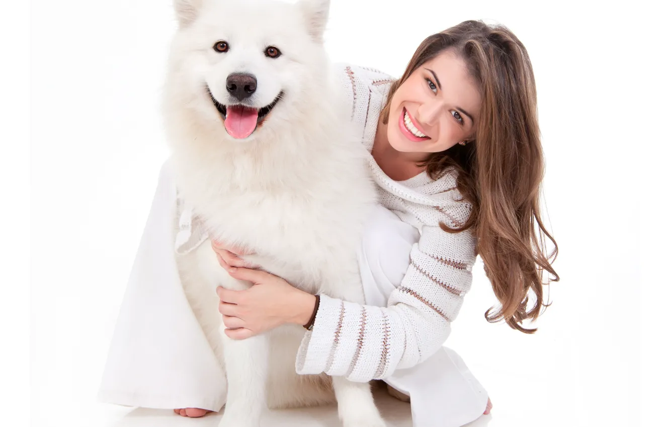 Photo wallpaper girl, joy, smile, dog, husky, sweater