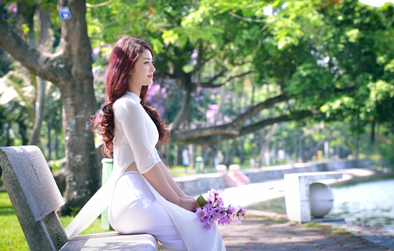 Photo wallpaper summer, face, Park, hair, sitting, girl Oriental