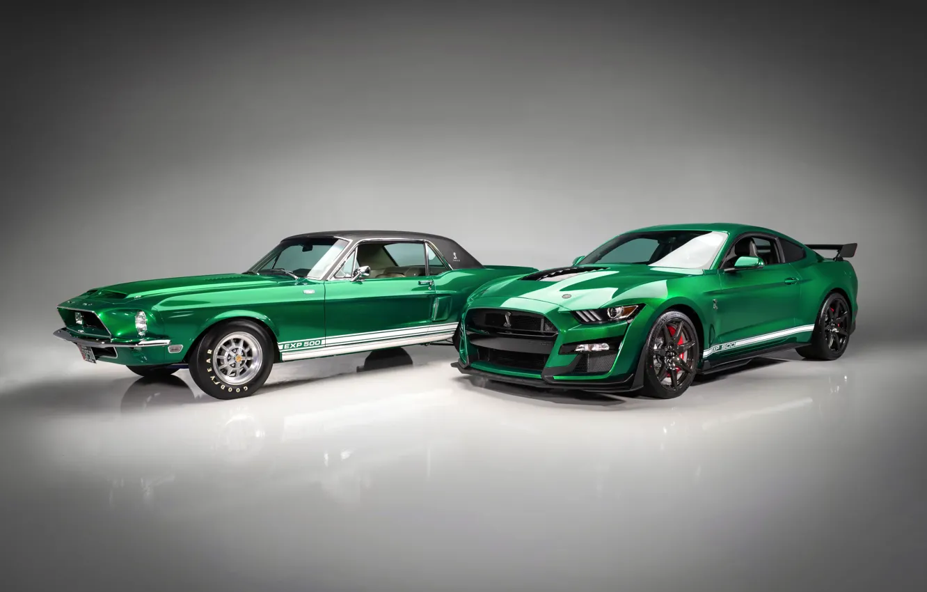 Photo wallpaper Mustang, Ford, Shelby, GT500, pair, 1968, 2020, Green Hornet