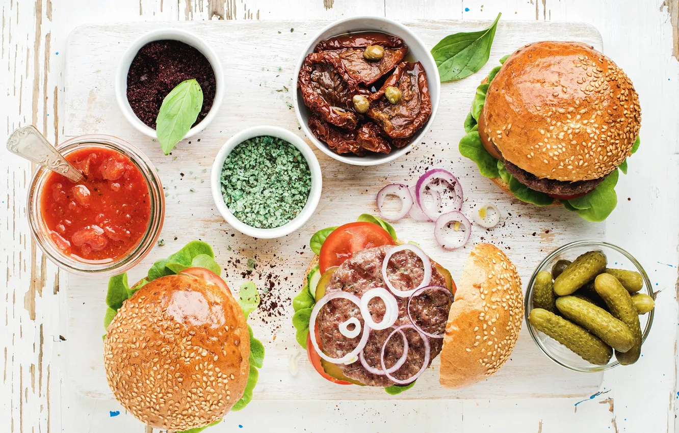 Photo wallpaper tomatoes, sauce, hamburger, Patty, cucumbers, spices