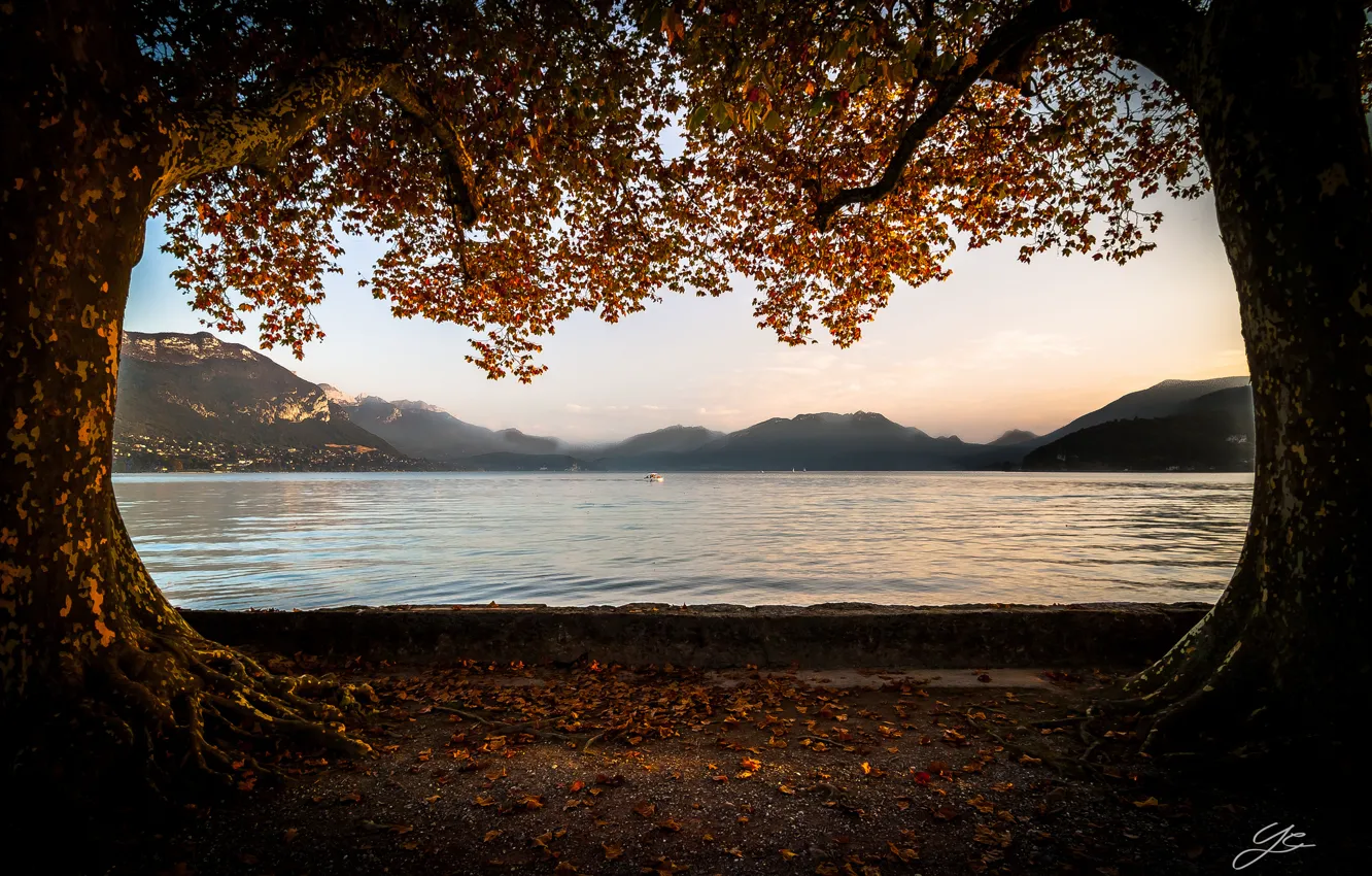 Photo wallpaper autumn, trees, mountains, lake
