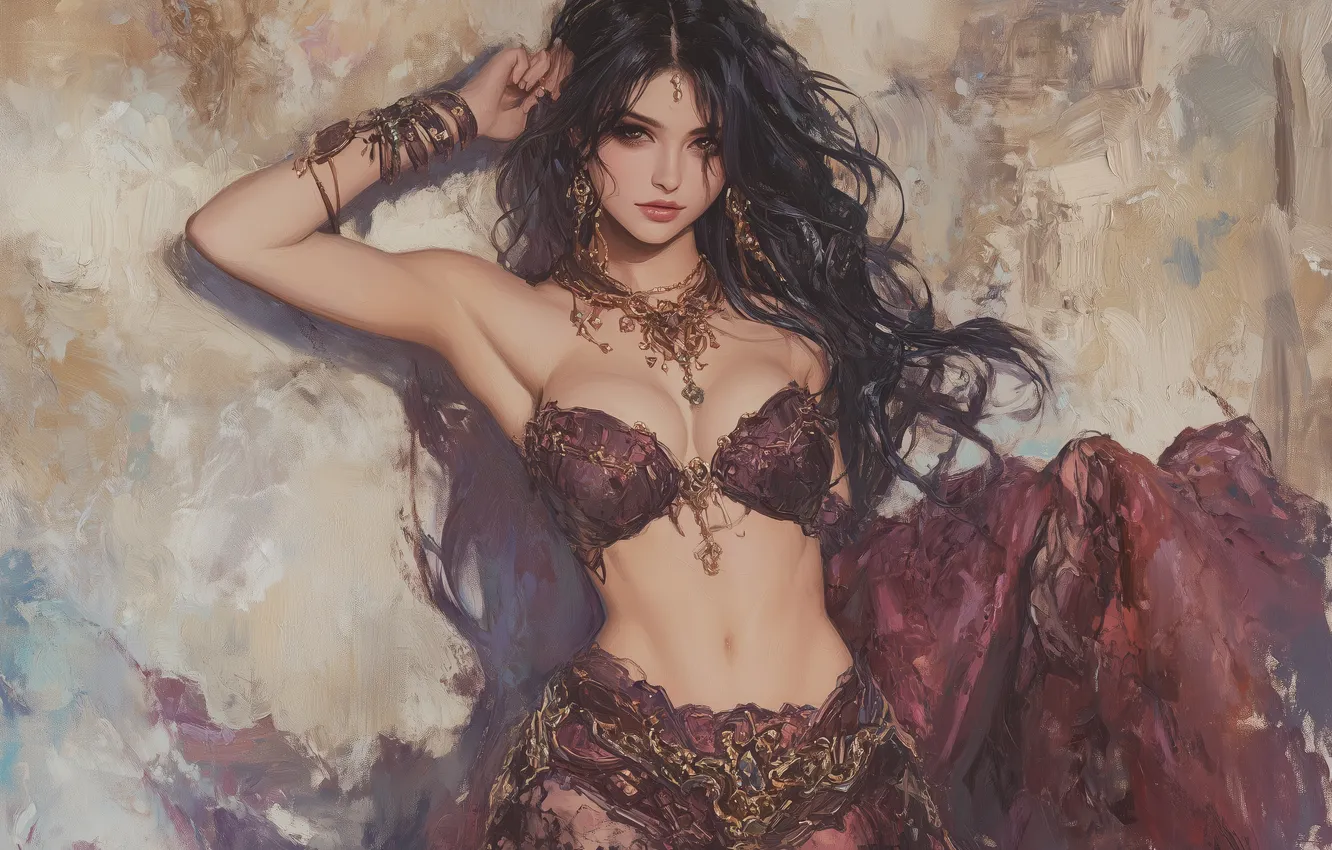 Photo wallpaper chest, look, girl, pose, wall, figure, brunette, fantasy