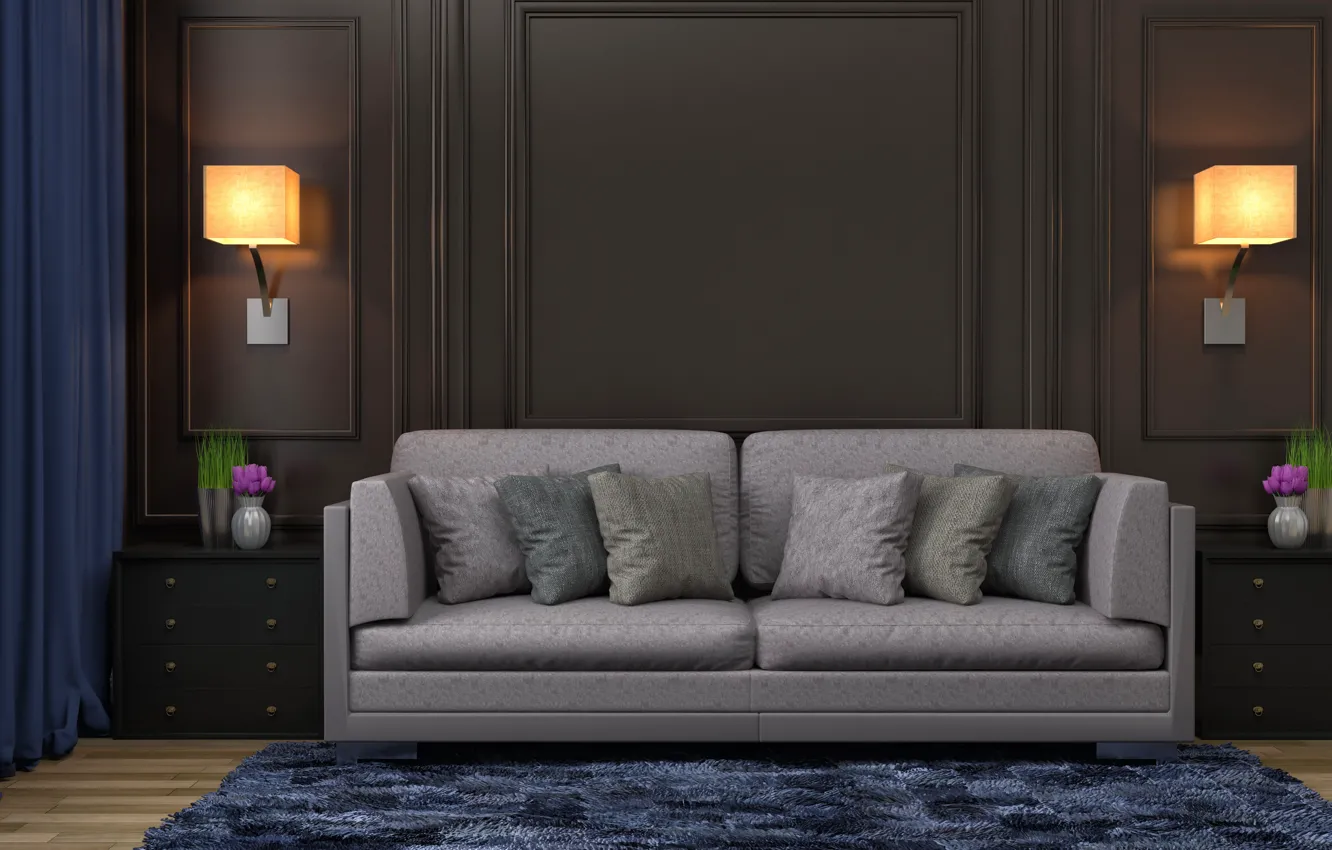 Photo wallpaper flowers, sofa, furniture, lamp, interior, pillow, vase, living room