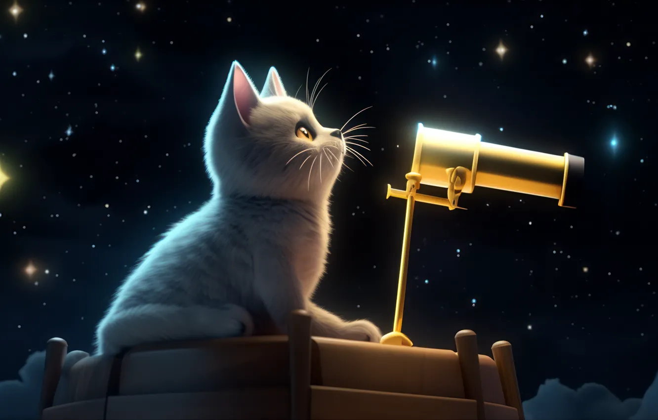 Photo wallpaper cat, the sky, cat, space, stars, light, night, pose