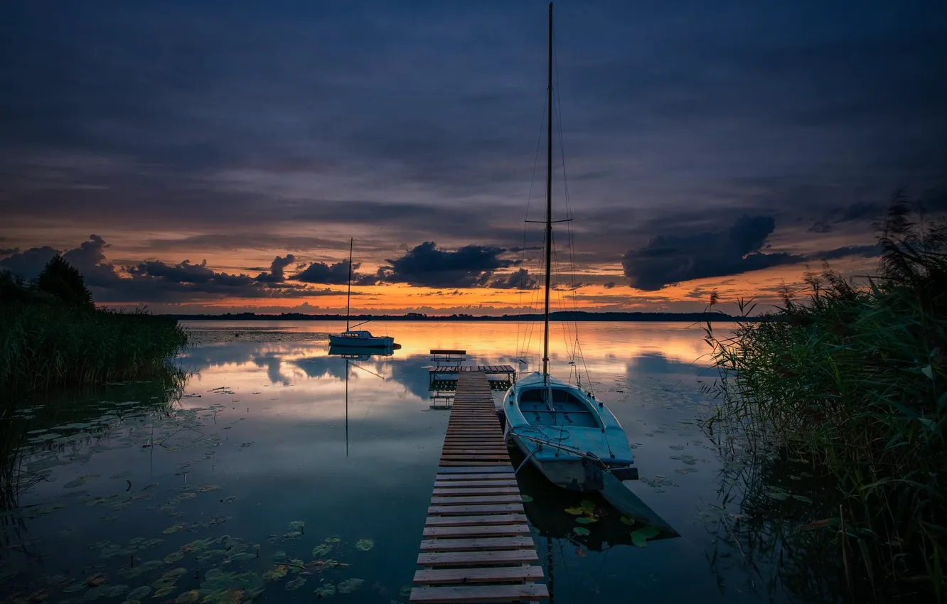 Photo wallpaper the sky, clouds, sunset, reflection, shore, boat, pier, twilight
