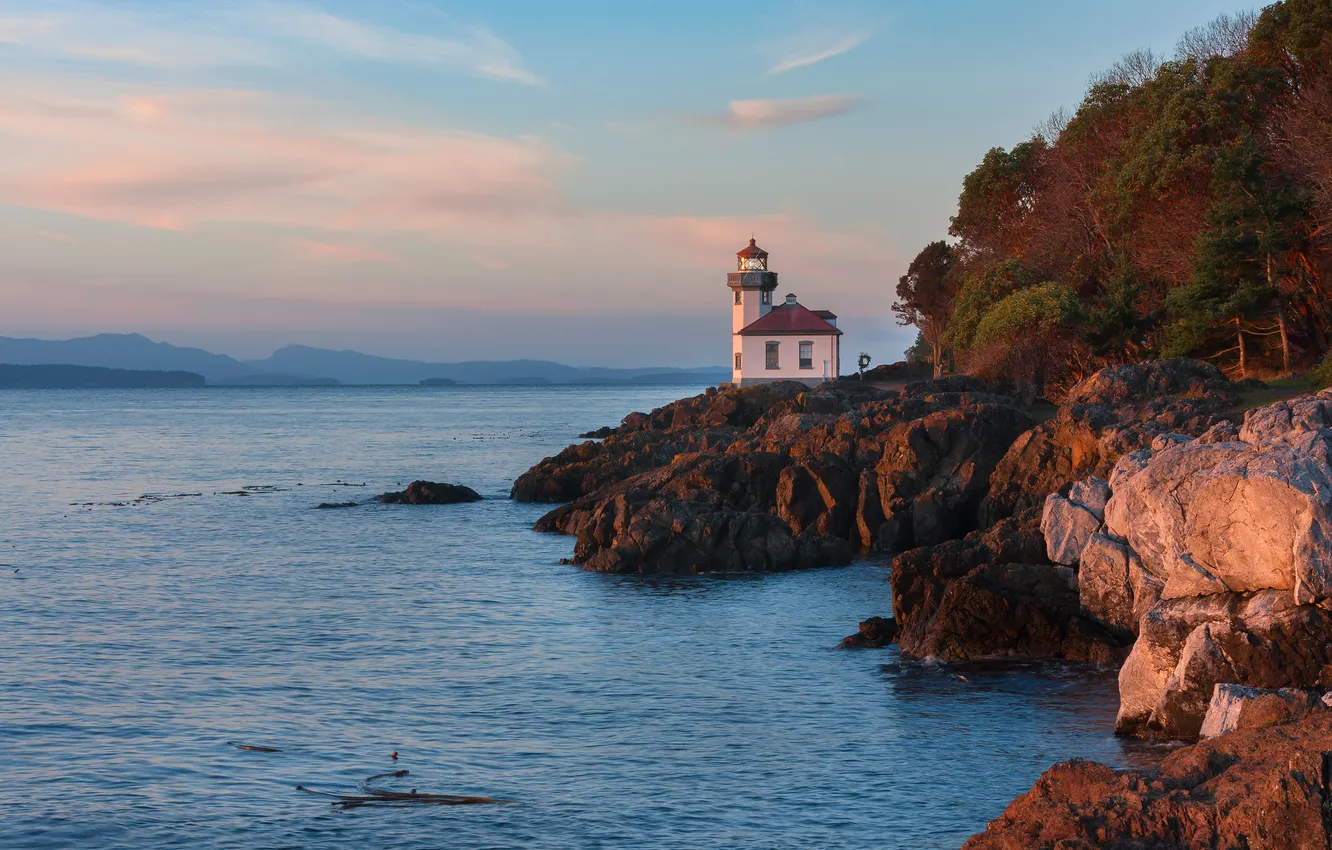 Photo wallpaper sea, autumn, the sky, clouds, trees, stones, rocks, shore