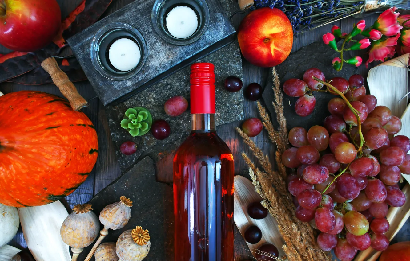 Photo wallpaper wine, bottle, candles, Pumpkin, Mac, grapes, Still life, garnet