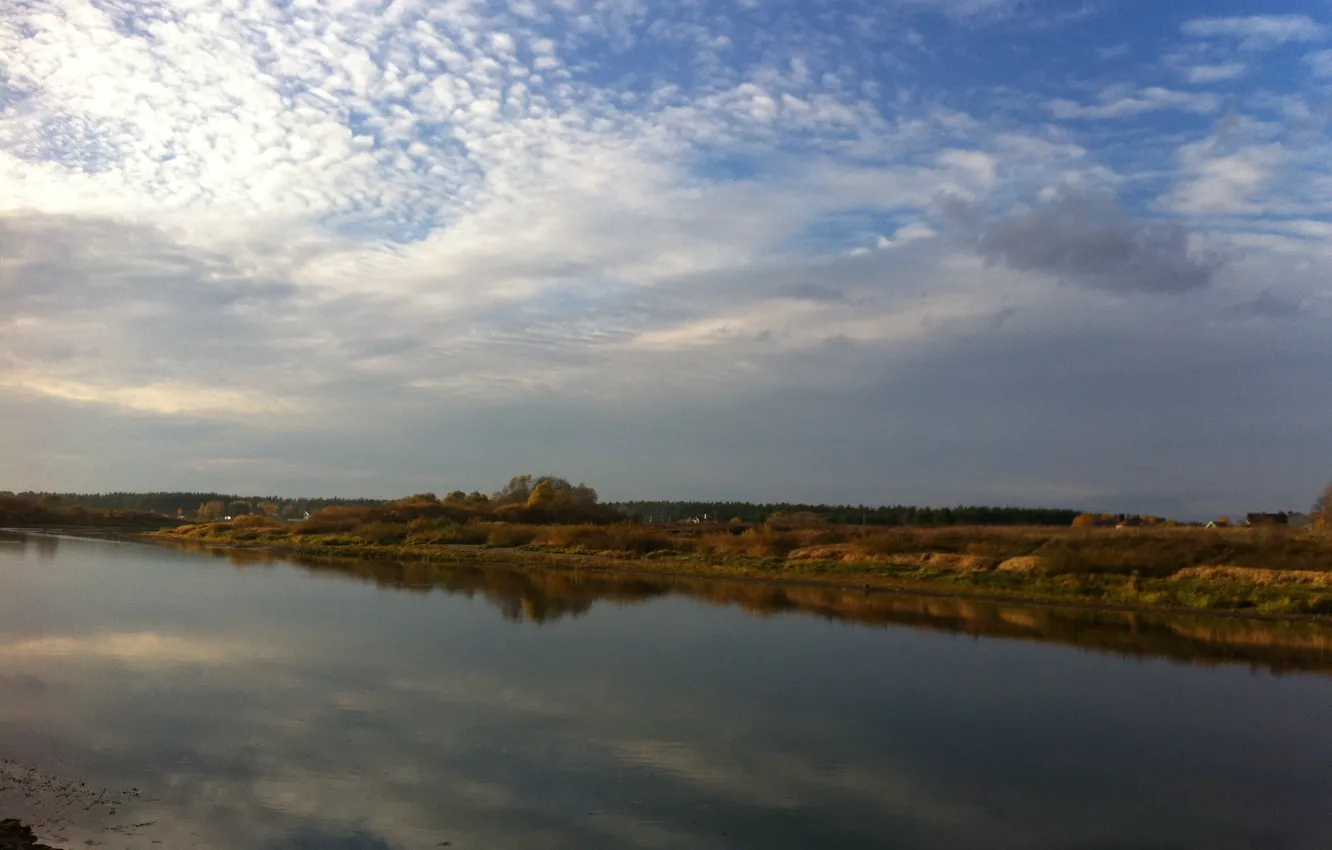 Photo wallpaper the sky, clouds, river, shore